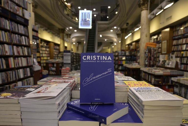 View of copies of Argentina's former president and current senator Cristina Fernandez de Kircher's book "Sinceramente" (Sincerely) displayed for sale at a book store in downtown Buenos Aires on April 25, 2019. - The book is for sale in Argentine stores since Thursday, six months ahead of October's general elections. Kirchner, 66, is being investigated in corruption cases. (Photo by JUAN MABROMATA / AFP)