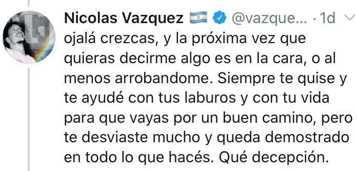 Tuit de Nicolás Vázquez en respuesta a Stéfano De Gregorio.