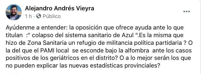 El mensaje de Alejandro Vieyra en Facebook.