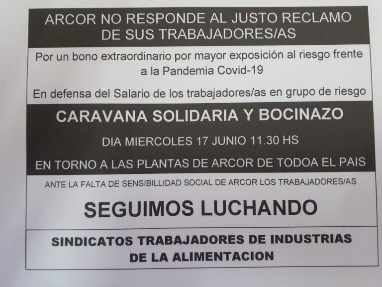 STIA lleva adelante una medida de fuerza en todas las plantas de Arcor del país.