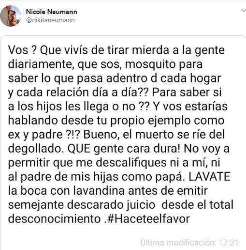 La dura respuesta de Nicole Neumann a Jorge Rial. (Foto: Twitter)