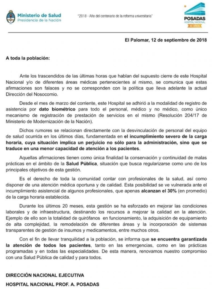 Comunicado del Hospital Posadas