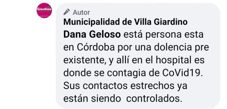 Comentario respondido desde el Municipio de Villa Giardino ante las dudas suscitadas.