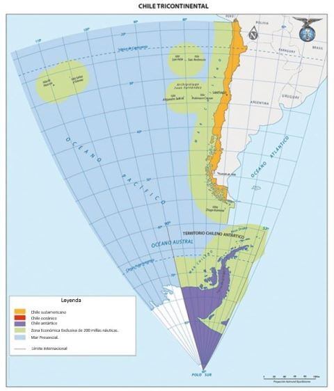 Mapa tricontinental chileno. Abarca el territorio antártico pretendido por Argentina.