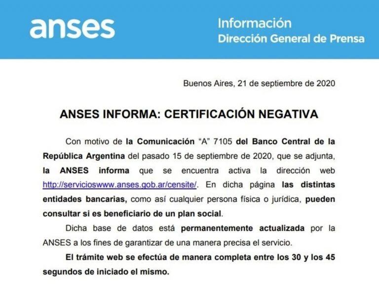 Comunicado de ANSES.