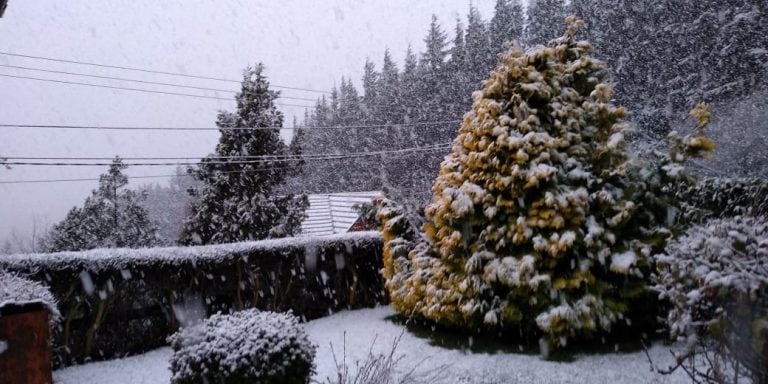 Anoche nevó en la zona del cerro Catedral y ahora en el centro de la ciudad.