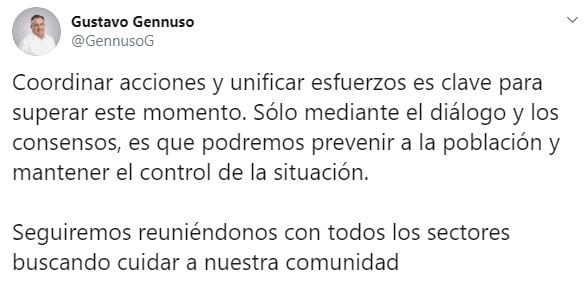 Gennuso se expresò a travès de Twitter (web).