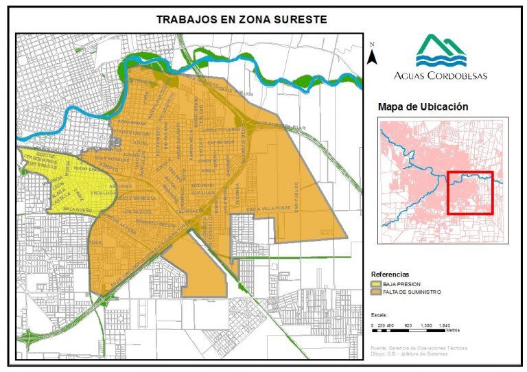 Barrios afectados por el corte de agua en la zona sur de Córdoba.