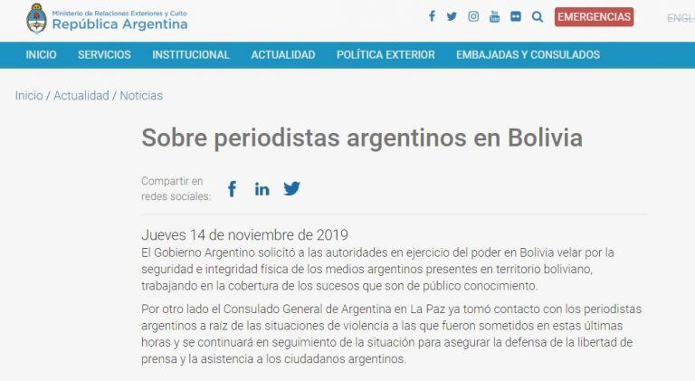 El Gobierno Argentino solicitó a las autoridades en ejercicio del poder en Bolivia velar por la seguridad e integridad física de los medios argentinos.