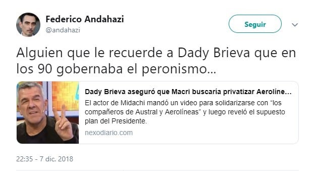 Federico Andahazi cruzó a Dady Brieva en Twitter