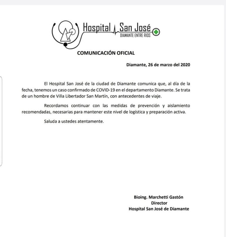 Comunicado del Hospital San José, Diamante.