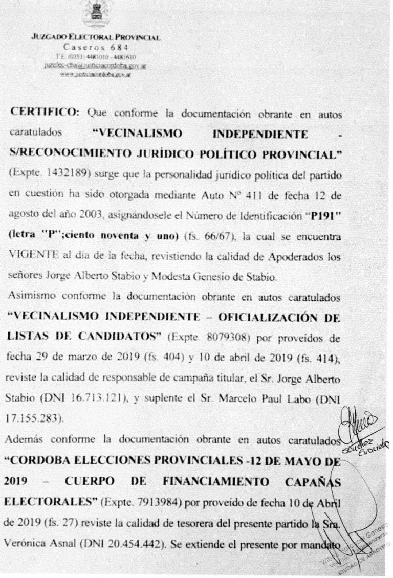 Carta presentacion elecciones Wilson Genesio Vecinalismo Arroyito