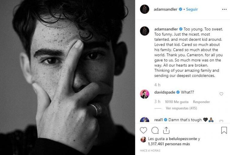 El emotivo mensaje de Adam Sandler por la muerte de Cameron Boyce