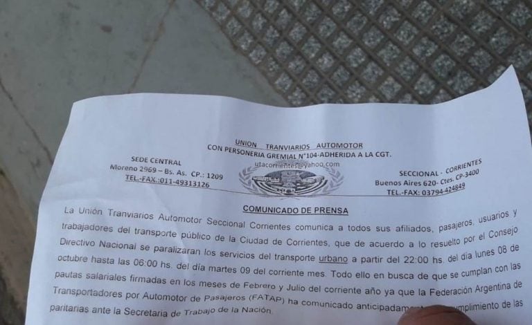 Comunicado de prensa de UTA Corrientes. (Foto: Época)