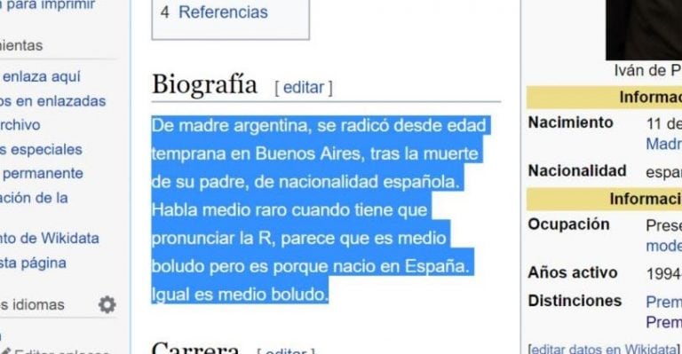 Modificaron el perfil de Iván de Pineda en Wikipedia (Foto: captura)