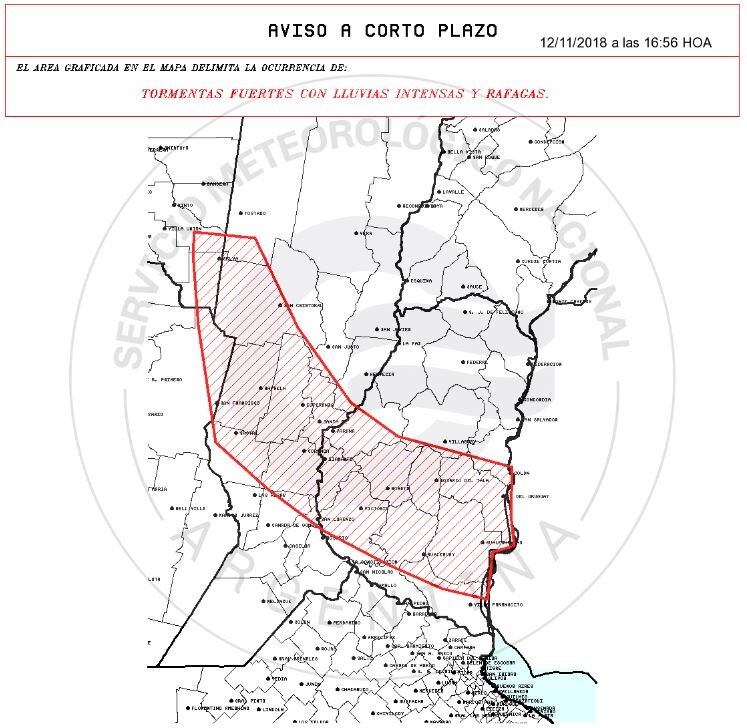 Mapa del aviso a corto plazo del SMN.