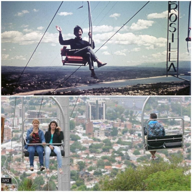 Arriba: viaje en Aerosilla en los '60. Abajo: el mismo paseo en la actualidad. (Foto: gentileza Eldor Bertorello).