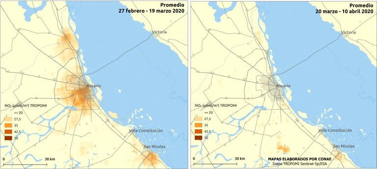 La contaminación del aire bajó drásticamente durante la cuarentena. (@conae_oficial)