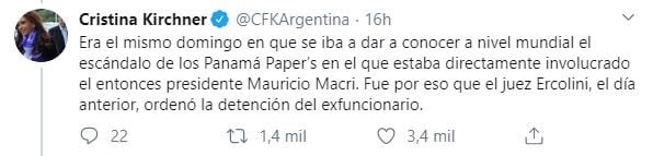 Cristina Kirchner en Twitter.