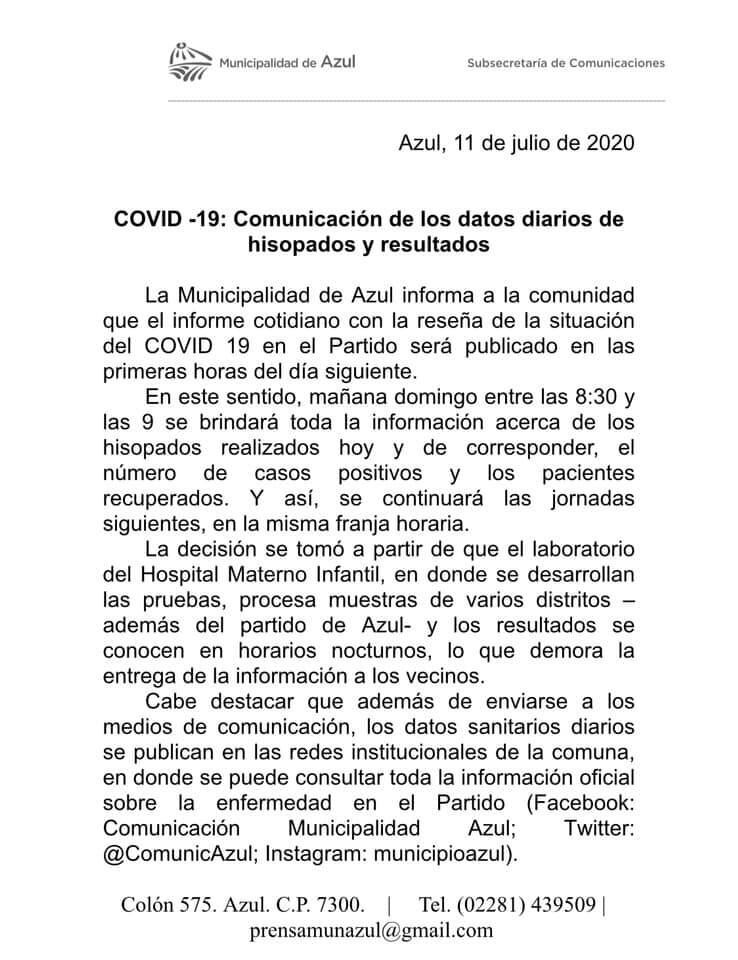 El comunicado difundido por el municipio explicando los cambios en el parte diario.