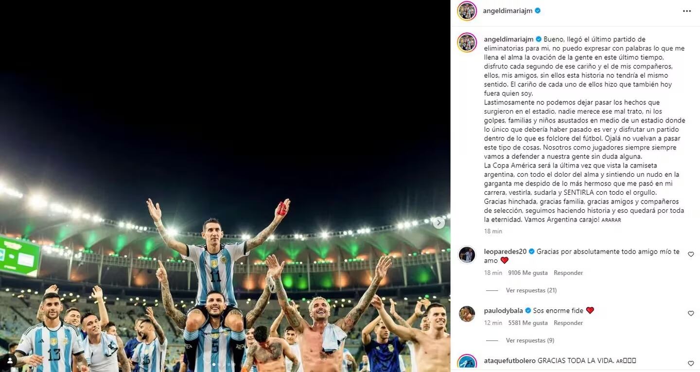 Ángel Di María se despidió con un emotivo posteo acompañado con una foto de la Scaloneta en el Maracaná.