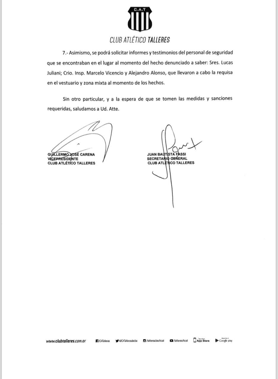 Las firmas de parte de la comisión directiva de Talleres.