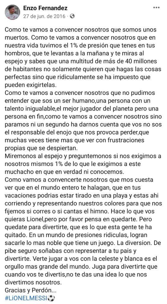 La carta de Enzo Fernández a Lionel Messi tras su renuncia a la Selección en 2016.