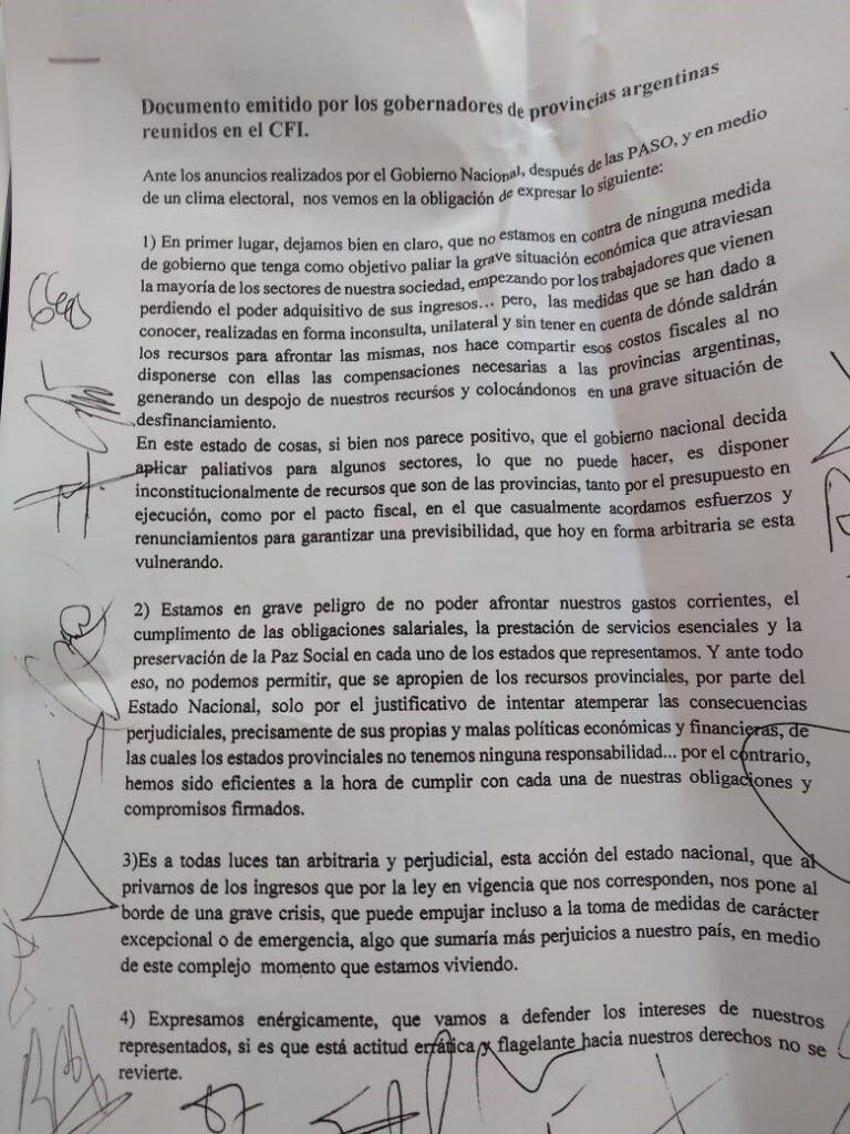 El documento que firmaron los gobernadores del PJ.