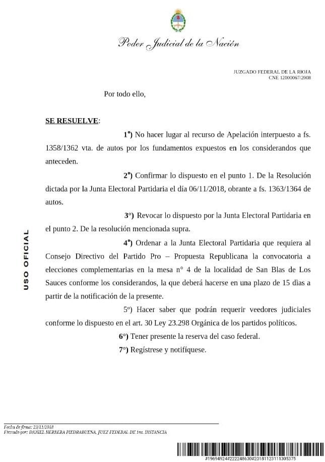 La Justicia se expidió y el PRO tendrá que votar nuevamente en San Blas de los Sauces