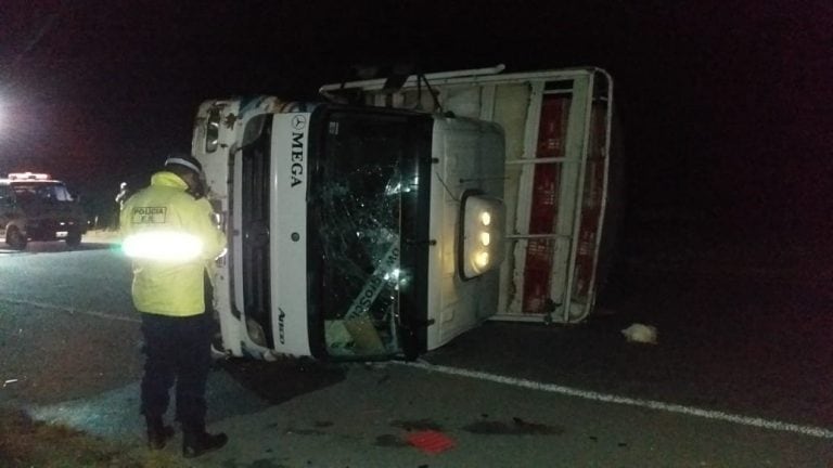 Un transportista volcó su carga de pollo en Ruta Nacional Nº14.
Crédito: Bomberos Voluntarios Ceibas