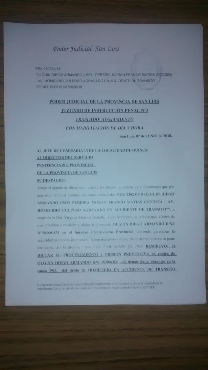 La orden de detención a Olguín.