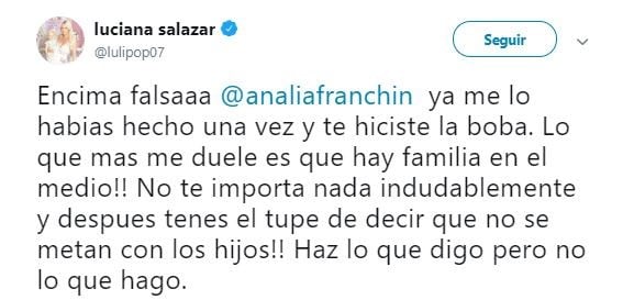 Luciana Salazar explotó contra Analía Franchín, que la criticó como madre (Foto: captura Twitter)