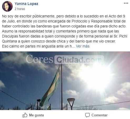 La encargada de protocolo de la Municipalidad de Ceres se adjudicó la responsabilidad en el episodio de la bandera de Malvinas. (Facebook)