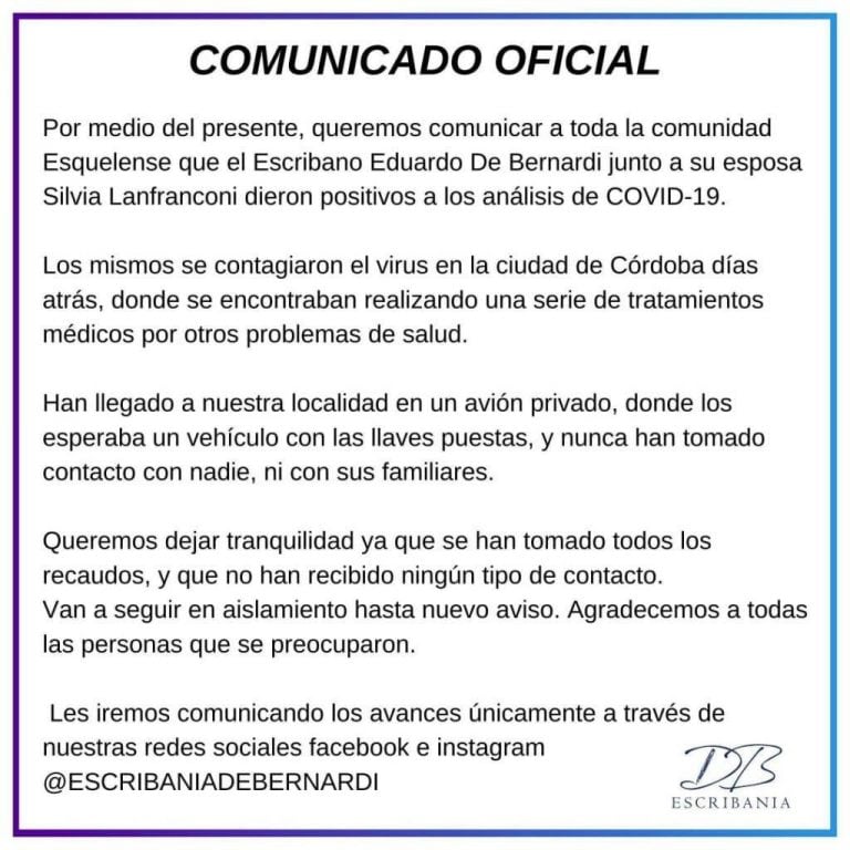 Comunicado oficial de la Escribania.