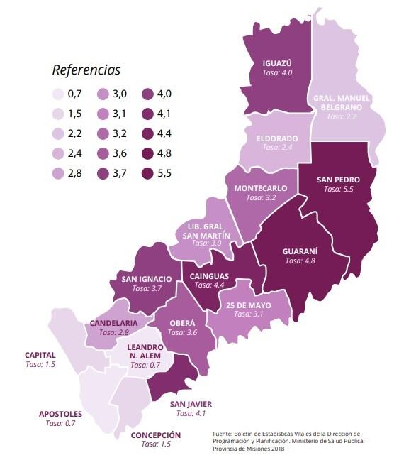 Mapa de las tasas de embarazos en la adolescencia temprana, en Misiones. (Ministerio de Salud)