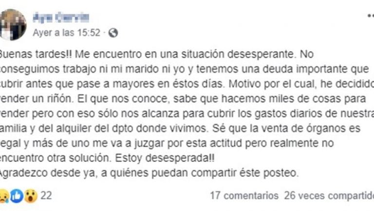 Posteo de Facebook de Ayelén Cervin.