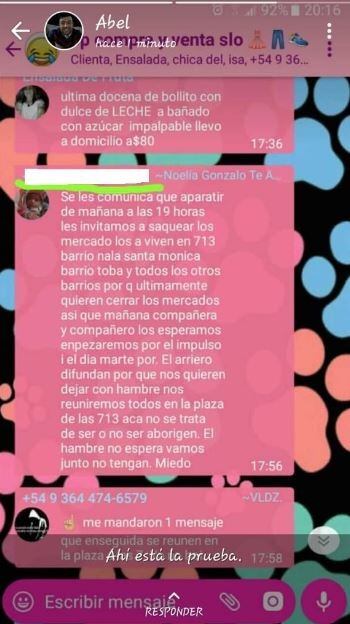 El mensaje que incitaba a saquear supermercados en Sáenz Peña. (Captura: Diario Chaco)