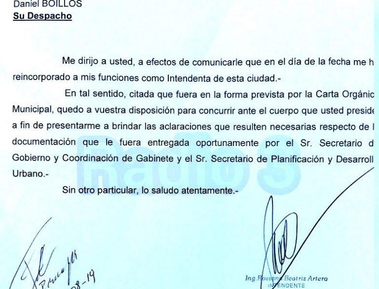 La misivia de Artero dirigida al presidente del Concejo.