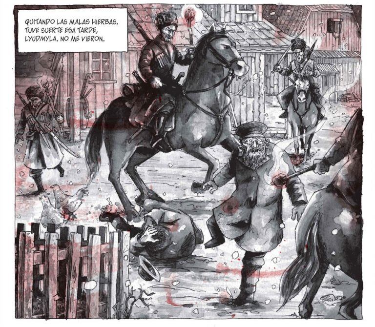 "Simplemente estaban limpiando la tierra del amo. Quitando las malas hierbas. Tuve suerte esa tarde, Lyudmyla. No me vieron", página 18 "155 Simón Radowitzky".