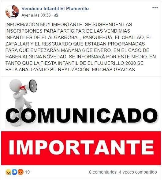 El comunicado que publicó el creador de la Vendimia Infantil de Las Heras.