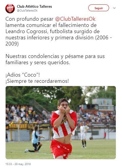 El mensaje de Talleres RE por el fallecimiento de Leandro Cogrossi (Foto: Twitter)