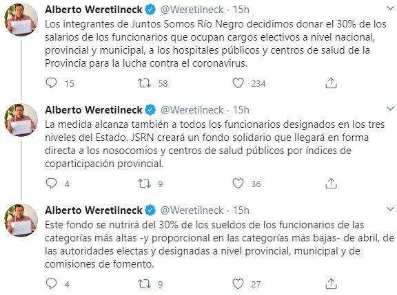 Alberto Weretilneck a través de Twitter confirmó la noticia (web).