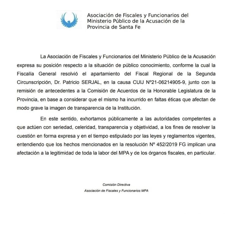 Comunicado de la Asociación de fiscales y funcionarios del Ministerio Público de la Acusación. (Twitter)