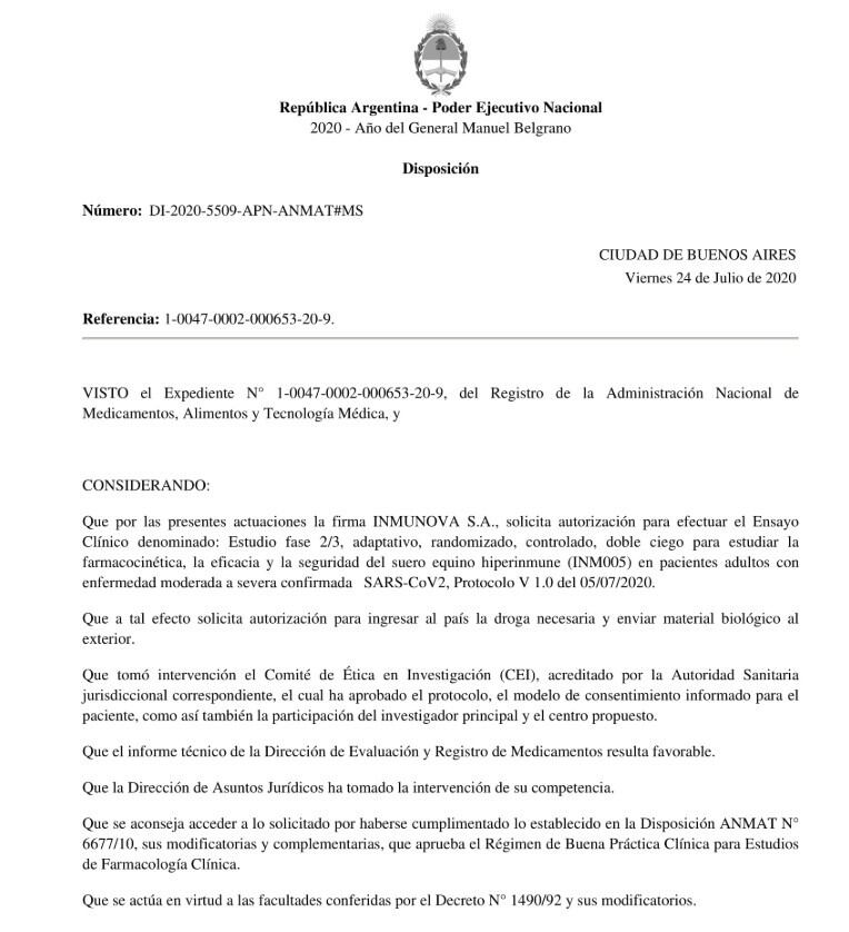 La ANMAT aprobó un ensayo clínico para testear el suero hiperinmune contra el Covid-19