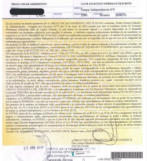 Carta Documento de Brian Sarmiento a Newell's. (Archivo)