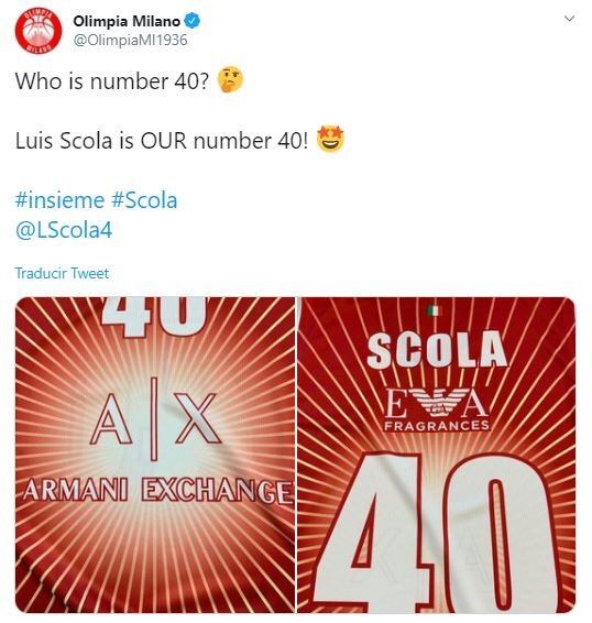 La camiseta que usará Luis Scola (Foto: Twitter Olimpia Milano)