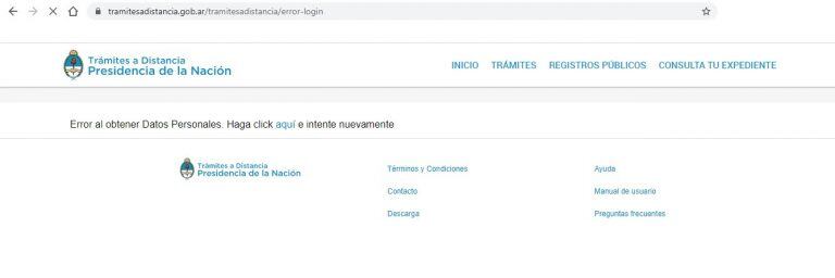 Error en la página tramitesadistancia.gob.ar (Captura)
