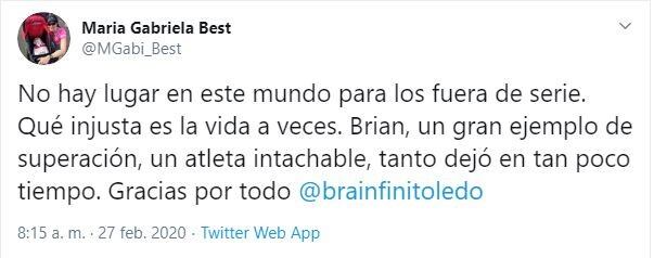 La exremera argentina María Gabriela Best despidió a Braian Toledo. (Twitter)