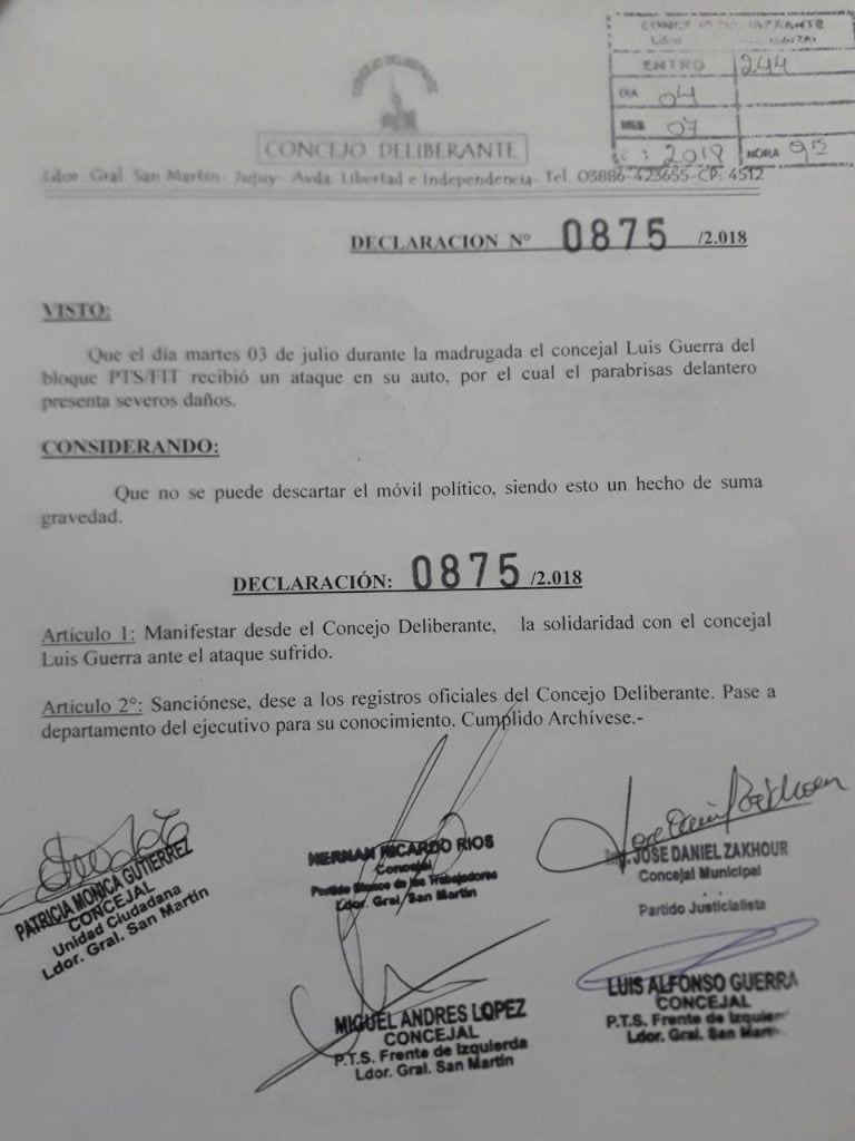 Declaración de solidaridad a concejal Guerra