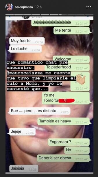 El chat entre Jimena Barón y Mauro Caiazza.